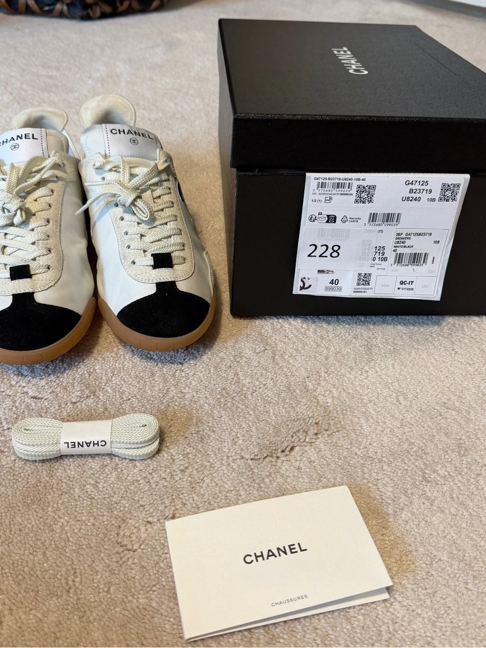 CHANEL White & Black Leather Sneakers